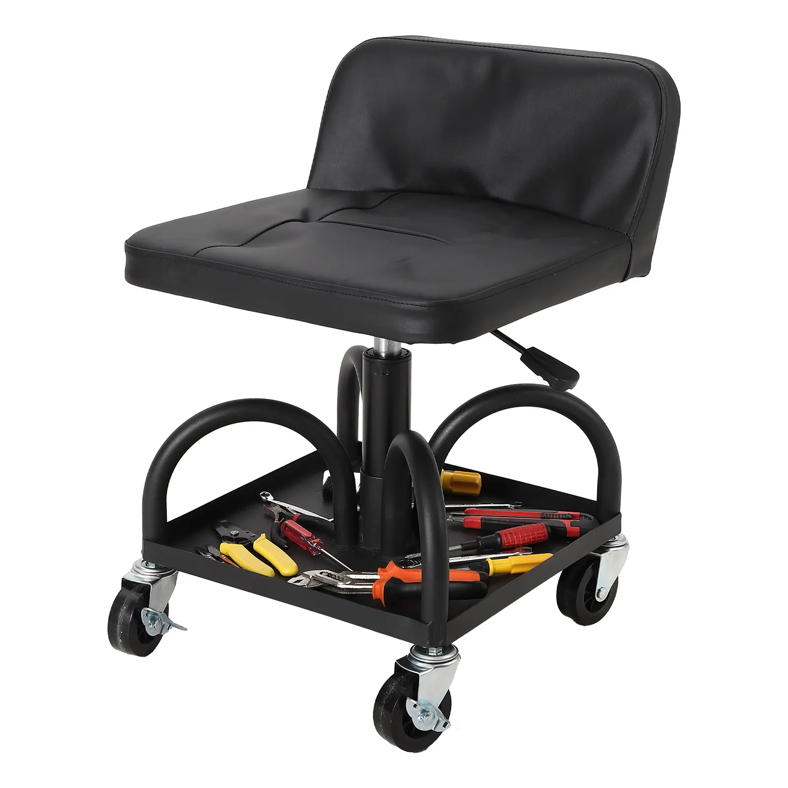 Garvee Heavy Duty Rolling Mechanic Stool – 300 lbs Capacity, Height Adjustable 16"-21", Padded Cushion, Backrest, Tool Tray, 360° Lockable Swivel Wheels – Ideal for Garage, Workshop, Auto Repair