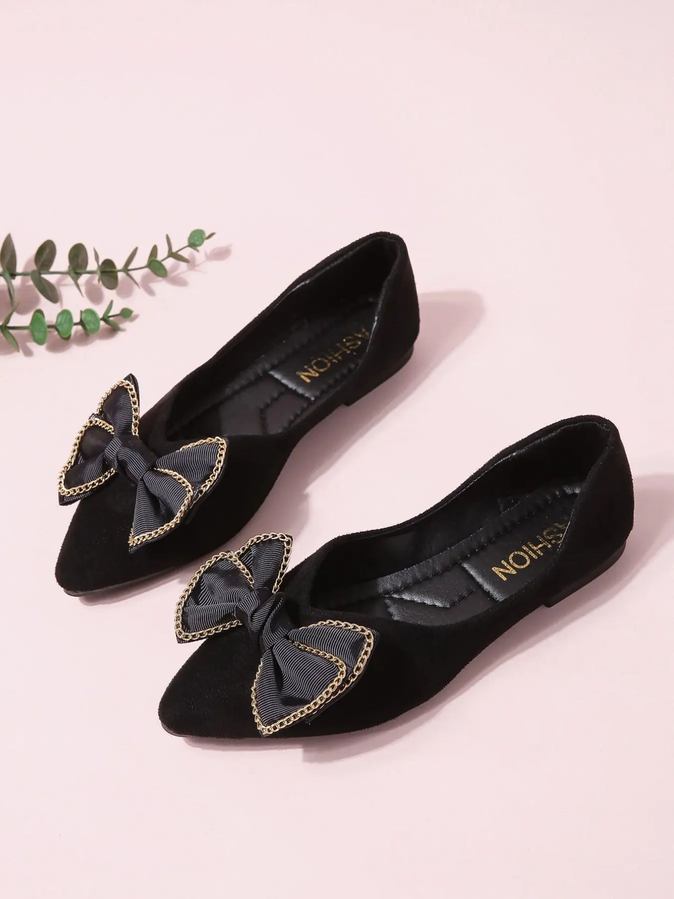 Velvet Pointed Toe Ballet Flats for Women, Gold Trim Fabric Bow Low Top Shoes, Soft Sole Casual Office Party Shoes, Office Commuting Shoes