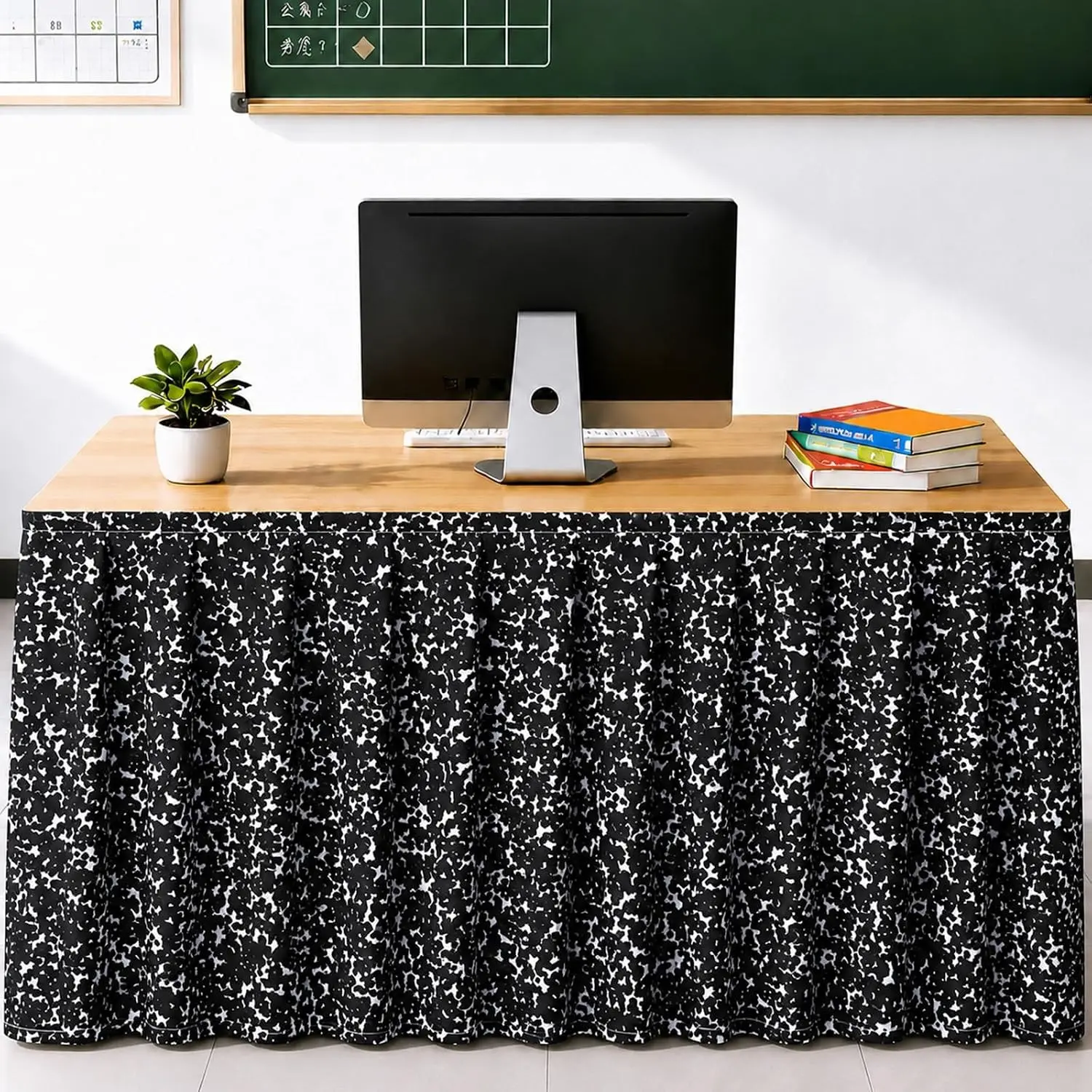 6ft Geometric Artistic Fabric Cloth Table Skirt, Black and White Rectangle Table Cover for Classroom Teacher Desk, Back-to-School Classroom Decor Supplies (Kitchenware & Tableware Accessory)