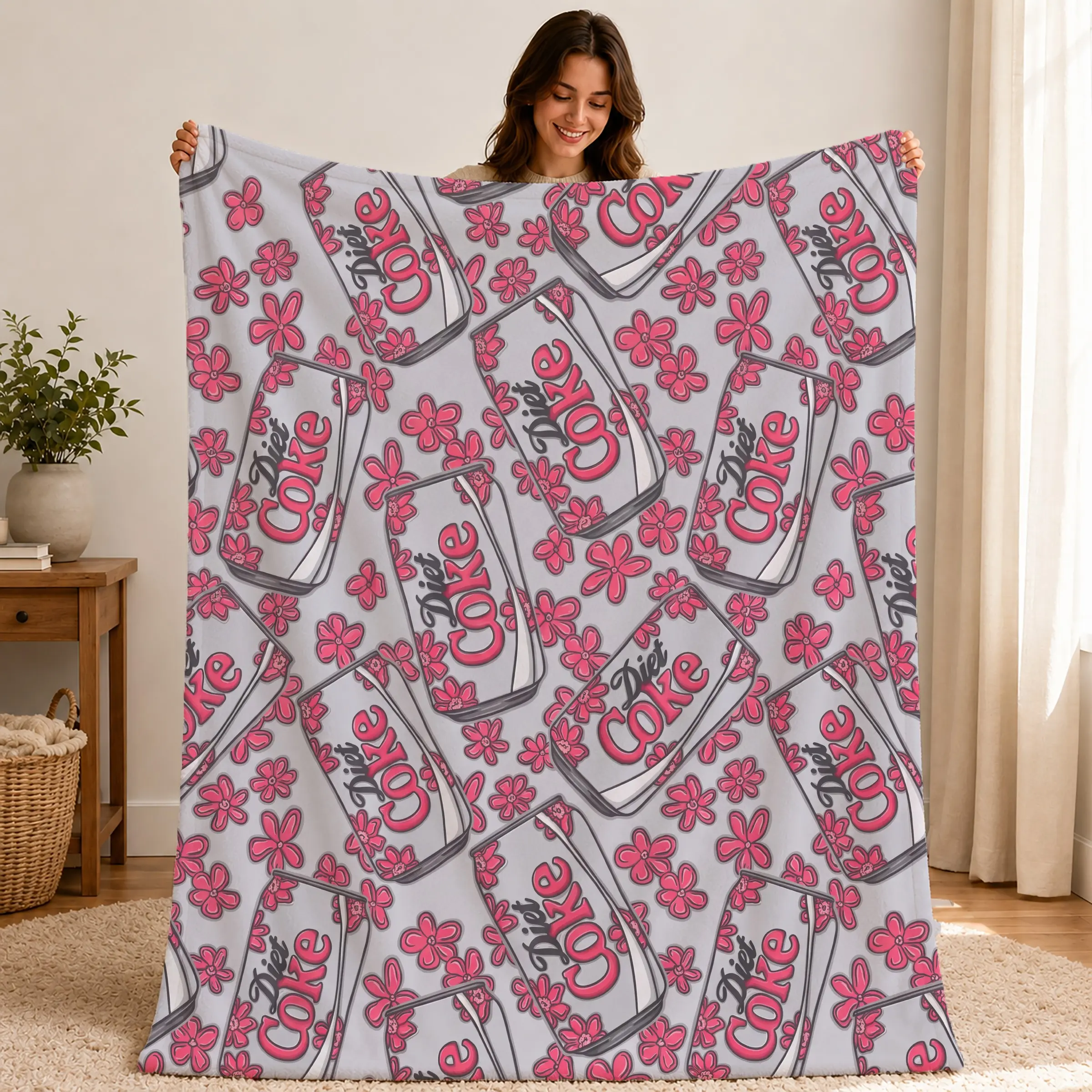 Coca-Cola Floral Flannel Blanket, Sweet Cool Hand-Drawn Can Pattern, High-Density Soft Flannel, Perfect for Sofa Bed Office Nap, Trendy Gift