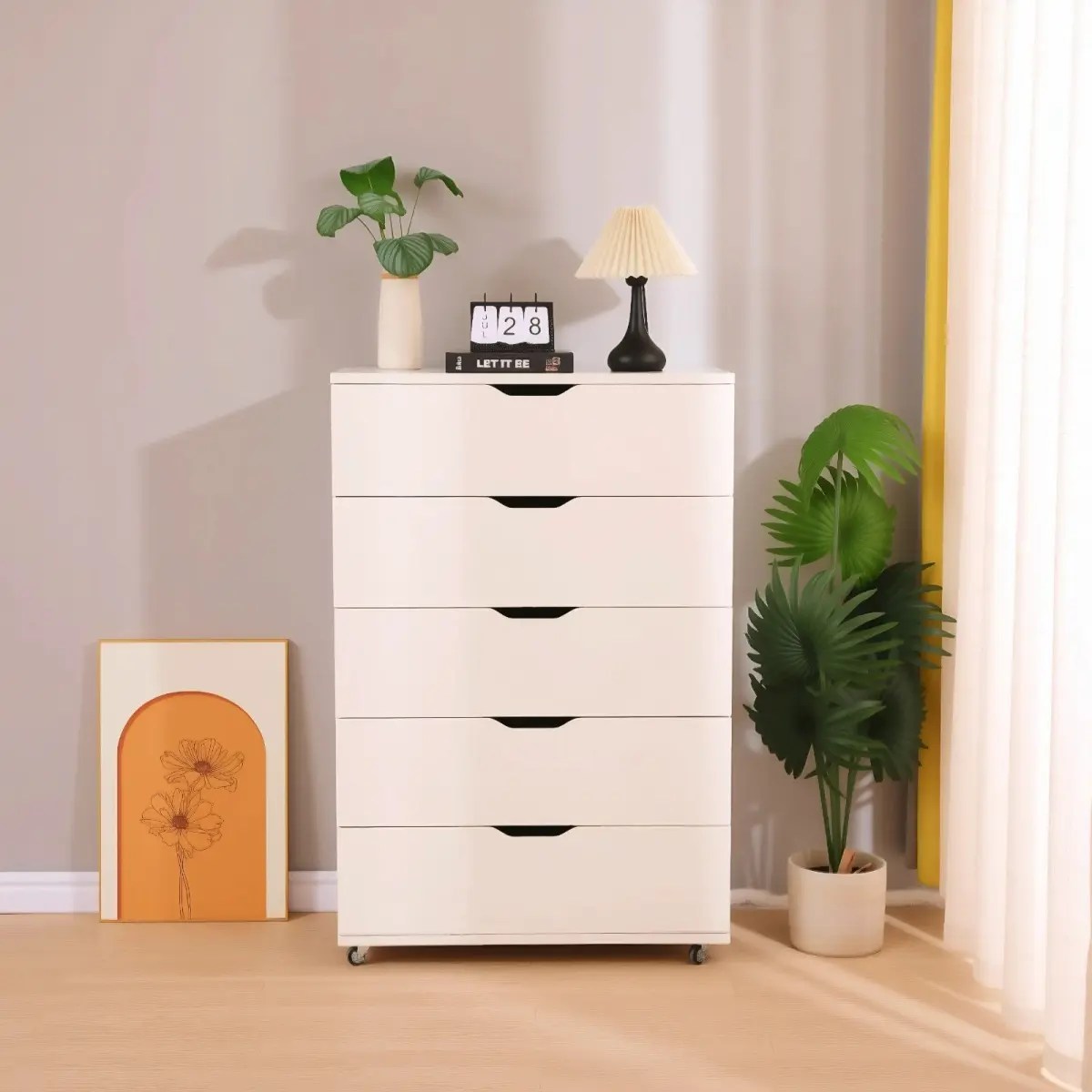 Aobtkel White 5-Drawer Dresser with Wheels - Modern Indoor Storage Cabinet with Cutouts, Deep Drawers, Metal Glides, Pre-Assembled
