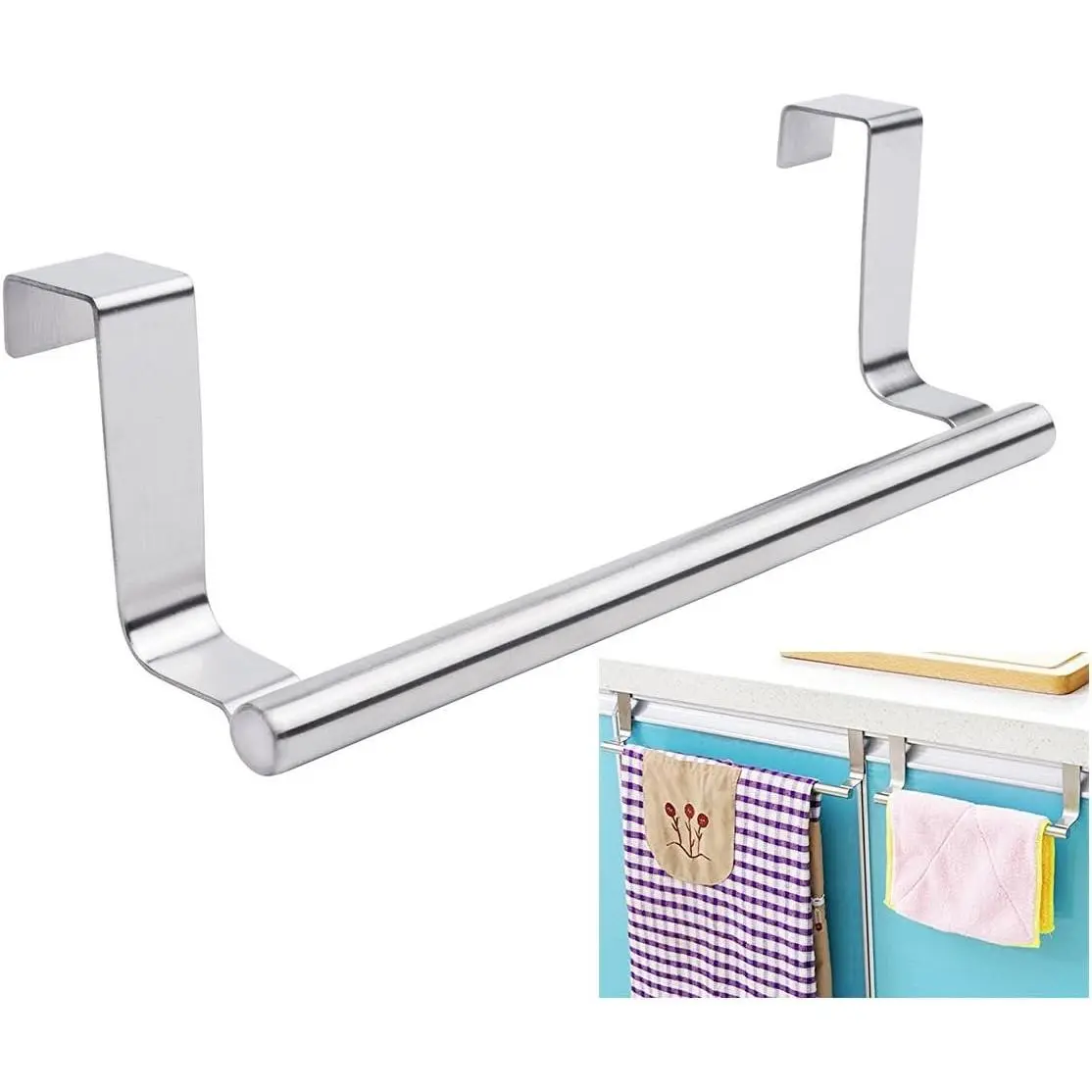 Modern Towel Bar with Hooks for Bathroom and Kitchen, Brushed Stainless Steel Towel Hanger Over Cabinet (9 inch)