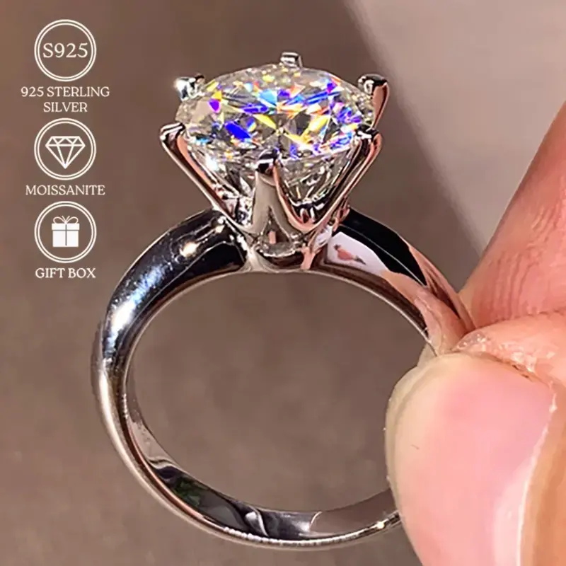 [Mozambique Diamond] 1 piece, 0.5/1/2/3/5/10 carat, 925 silver moissanite ring, classic six-prong engagement ring, promise ring, wedding ring, high-end and exquisite jewelry, anniversary gift