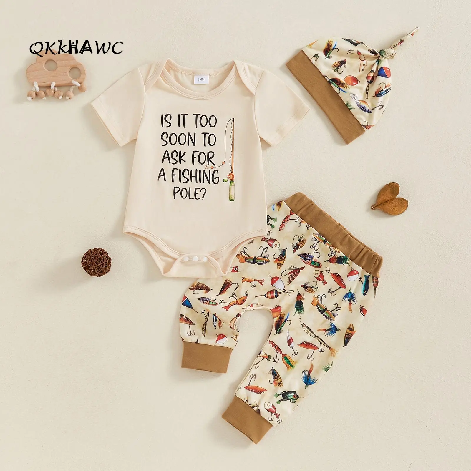 Newborn and baby boy three piece fishing themed set, letter fishing rod printed short sleeved jumpsuit, bait printed jogging pants and matching hat, cute summer casual set (0-18M),back to school