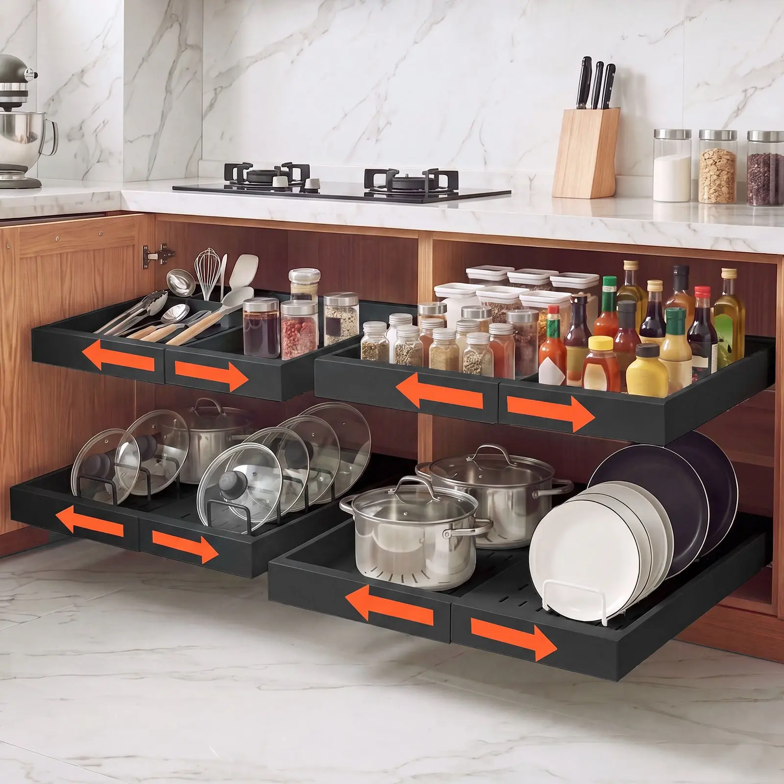 VEVOR Pull Out Cabinet Organizer, 4 Pack Expandable Width (12.2"-18.9"), 20.47" Deep Pull Out Drawers for Cabinets, Sliding Drawer for Kitchen Pantry Cabinet Organizer with Nano Adhesive Strips, Blac