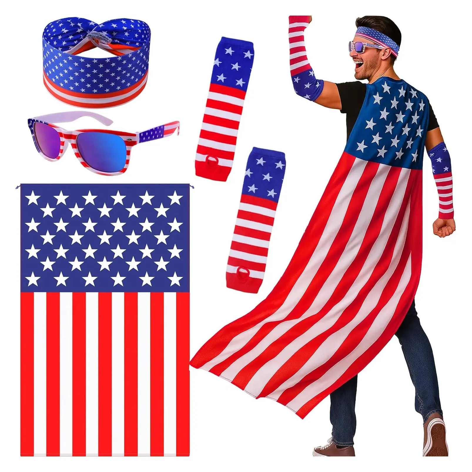 4th of July Costume Set - 4 Pieces American Flag Outfit with USA Cape, Headband, Blue Lens Sunglasses and Arm Sleeve for Independence Day Patriotic PartyGift