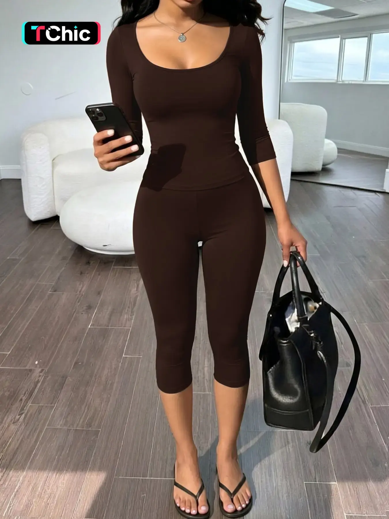 Chocolate Brown Two Piece Capri Set Women Scoop Neck Three Quarter Sleeve Slim Fit Top High Waist Cropped Leggings Soft Stretch Bodycon Lounge Set Chic Y2K Casual Streetwear Summer Outfit