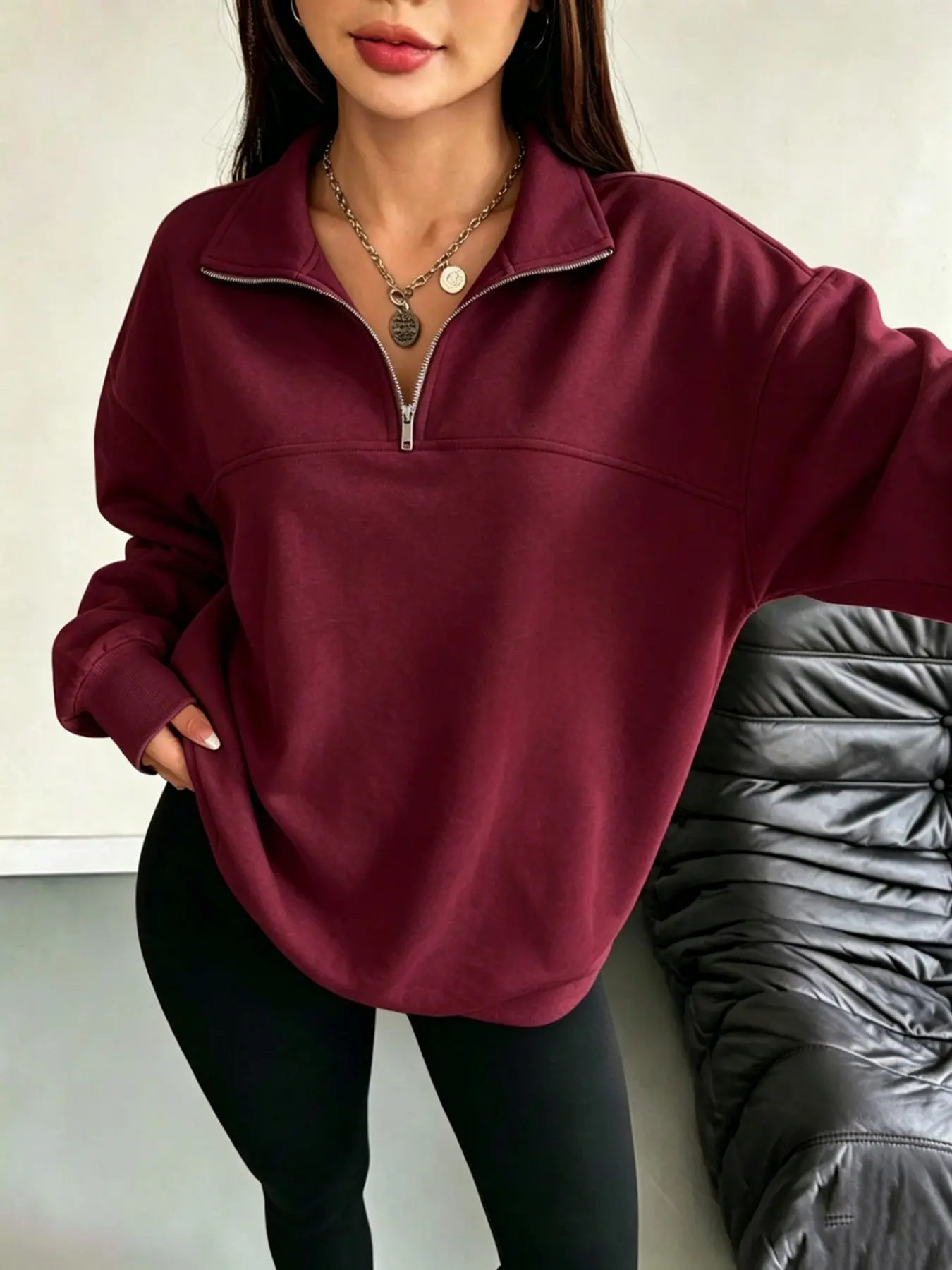 Basic Plain Loose Fit Half-Zip Sweatshirt, Soft Long Sleeve Casual Pullover, Fall & Winter Home Wear, Comfortable, Stylish and Aesthetic