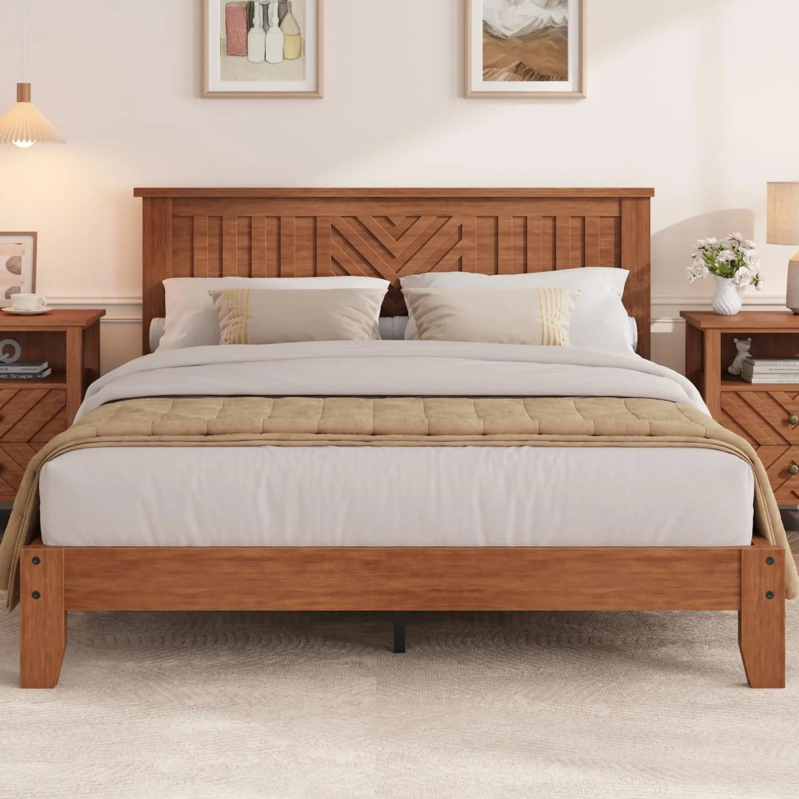 🛏️ Garvee King Platform Bed with V-Pattern Headboard – Wood Slat Support, Noise-Reducing, No Box Spring, Easy Assembly & Underbed Storage! ✨,dorm essentials,home decor