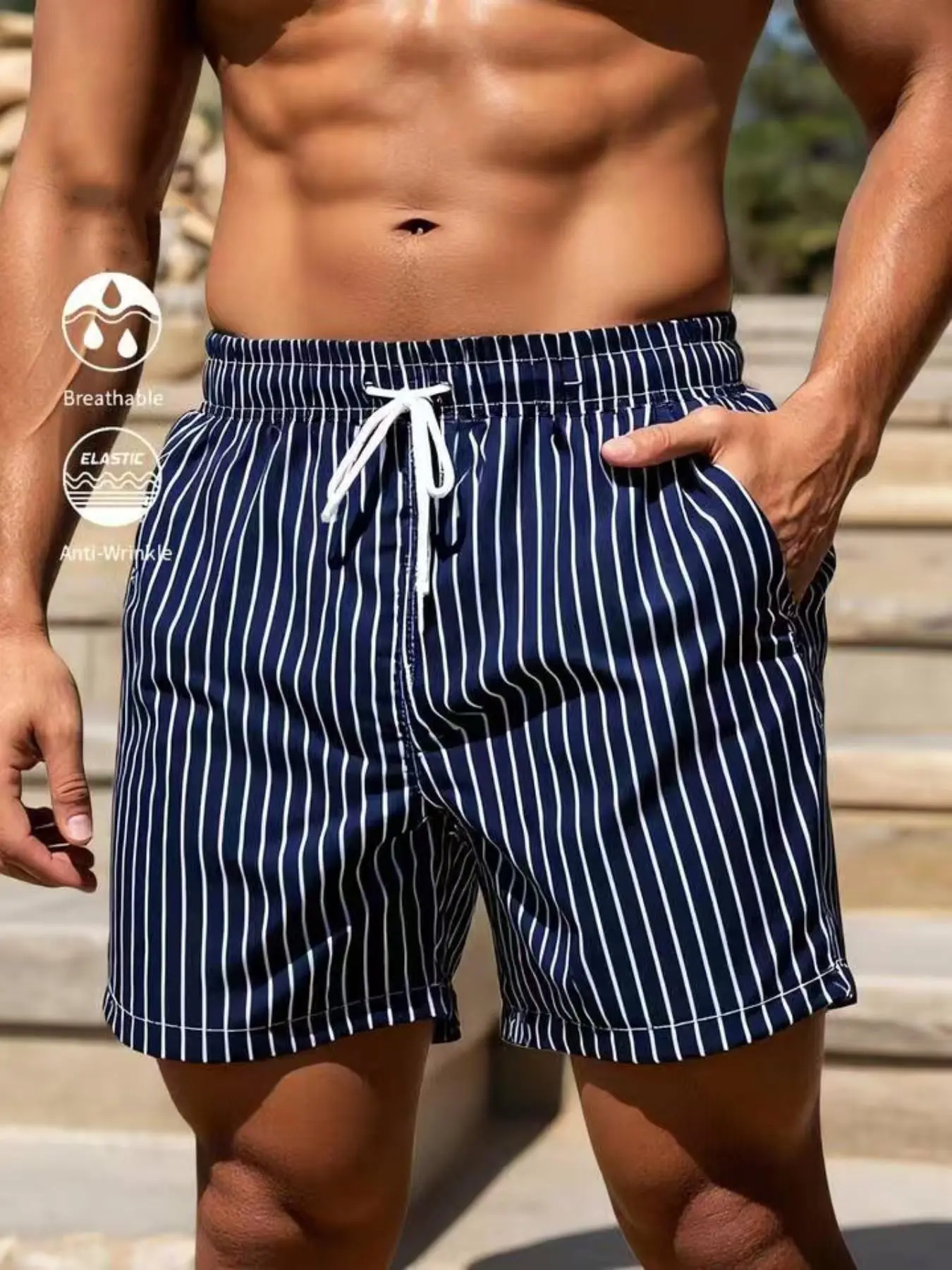 Men's Striped Print Shorts, Summer Beach Vacation Swim Trunks, Swimwear Shorts, Swimsuit Shorts, Breathable Quick-Dry Boardshorts, Casual Comfortable Men's Short Pants, Swimming Shorts