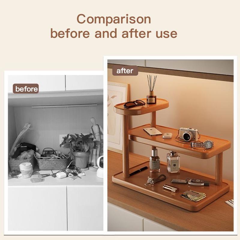 Solid Wood Multi Tier Desktop Display Shelf Modern Light Brown Freestanding Storage Rack No Assembly Needed Space Saving for Bathroom Kitchen Bedroom Vanity Retail Display Stand