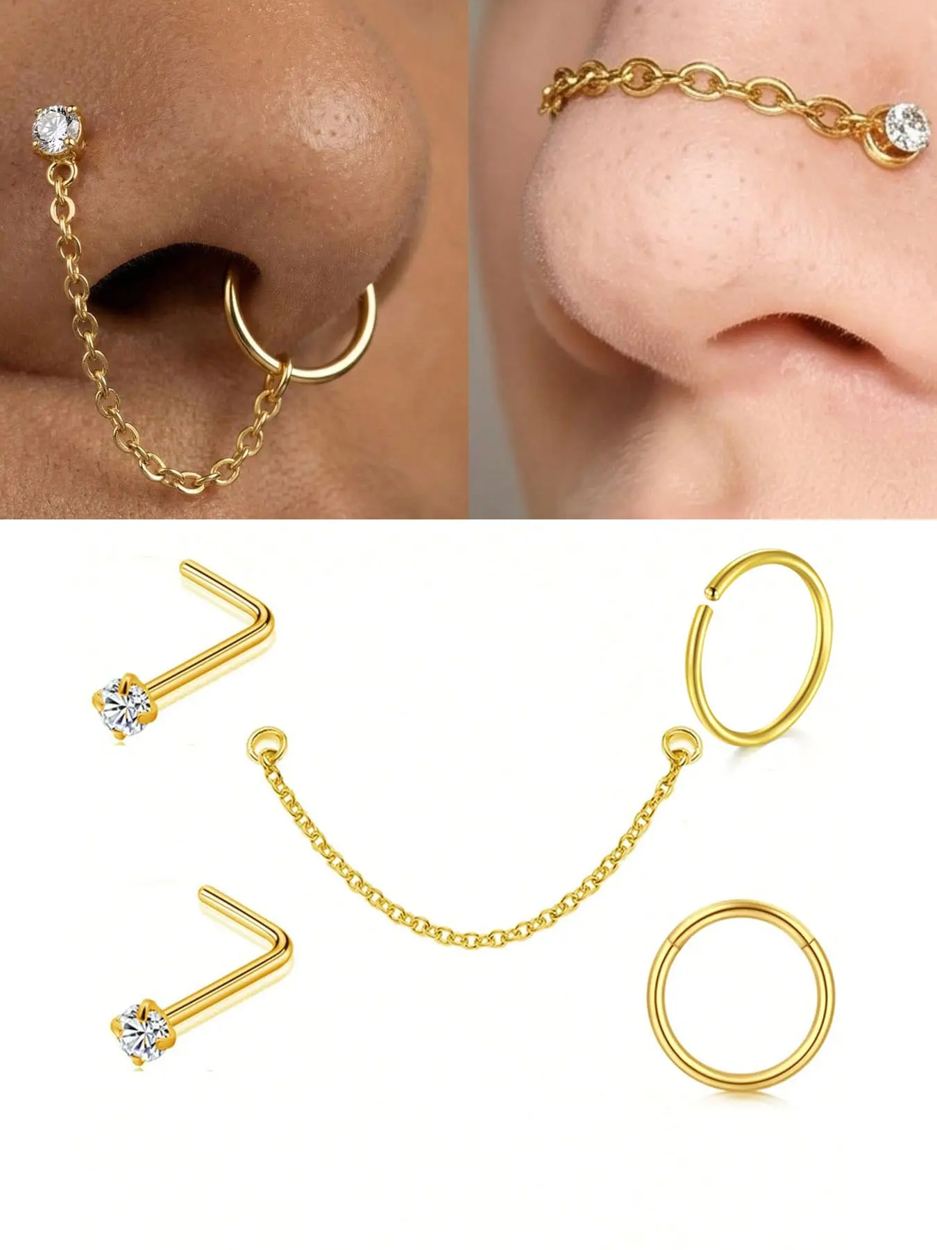 Nose Ring & Stud with Chain Set, Piercings Jewelry, 316L Stainless Steel, Multiple Ways To Wear, Punk Style, All Seasons, Daily Wear, Festivals, Beach, Gifts, Halloween, Christmas