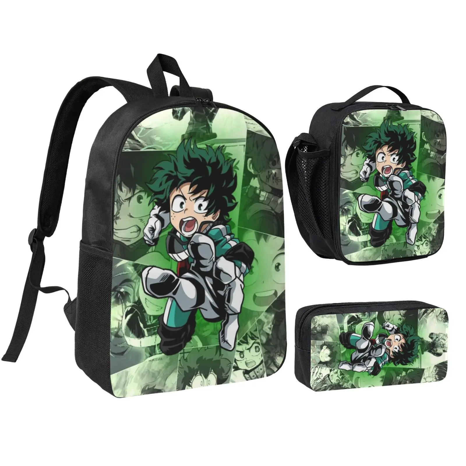 Anime Deku2 Graphic 3-Piece Kids' School Bag Set - Polyester Backpack with Foam Padding, Lunch Bag, Pencil Box, Adjustable Straps - Christmas Gifts for Teen Boys/Girls, Office Travel Bookbag