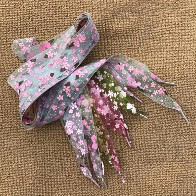 Women's 2-Piece Colorful Sheer Organza Shoelaces, Cherry Blossom Print Ribbon Laces for Sporty Chic Sneakers, Decorative Braid Accents, Colorful Shoelace, Blossoms, Cottagecore, Hair Styling, Organza Fabric, Tapered Ends, Soft, Design, Adults, Gentle Bows