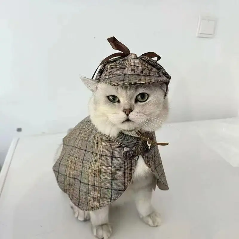 Vintage Plaid Pet Cape Hat Set for Cats and Dogs, Stylish Outerwear for Pet Photography, Complete Costume for Cat Photoshoots