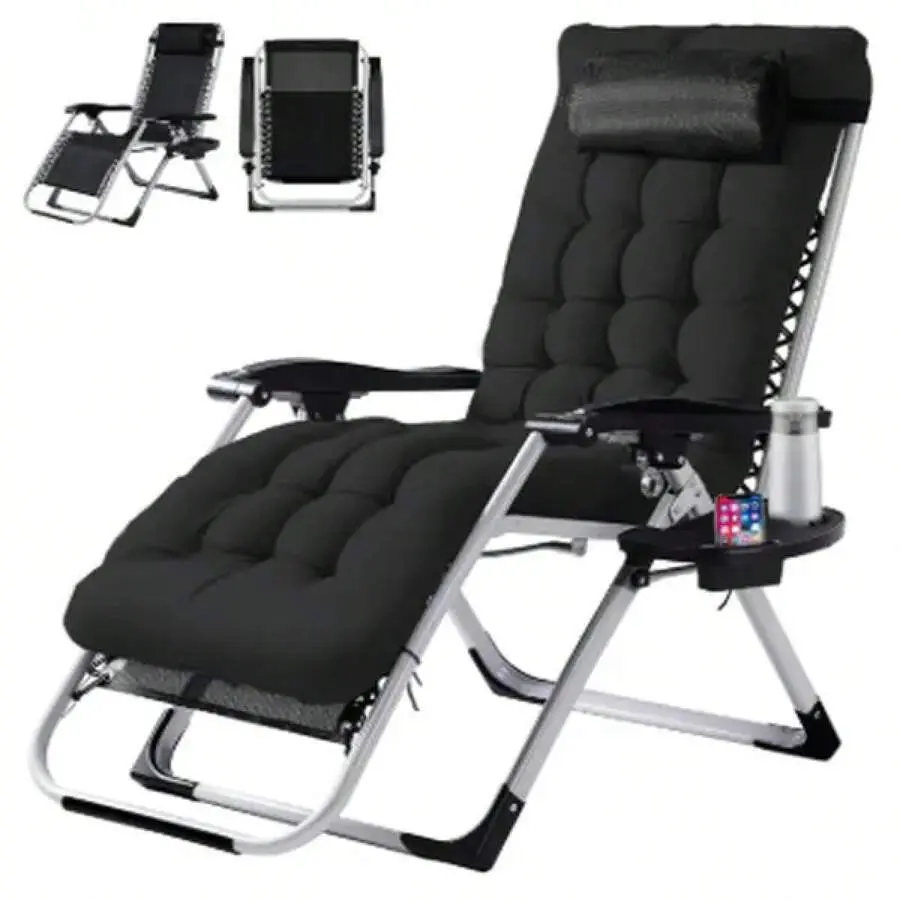 Zero Chair, Reclining Lounge Chair With Cup Holder & Removable Cushion, 440lbs Capacity Foldable Patio Camping Chair