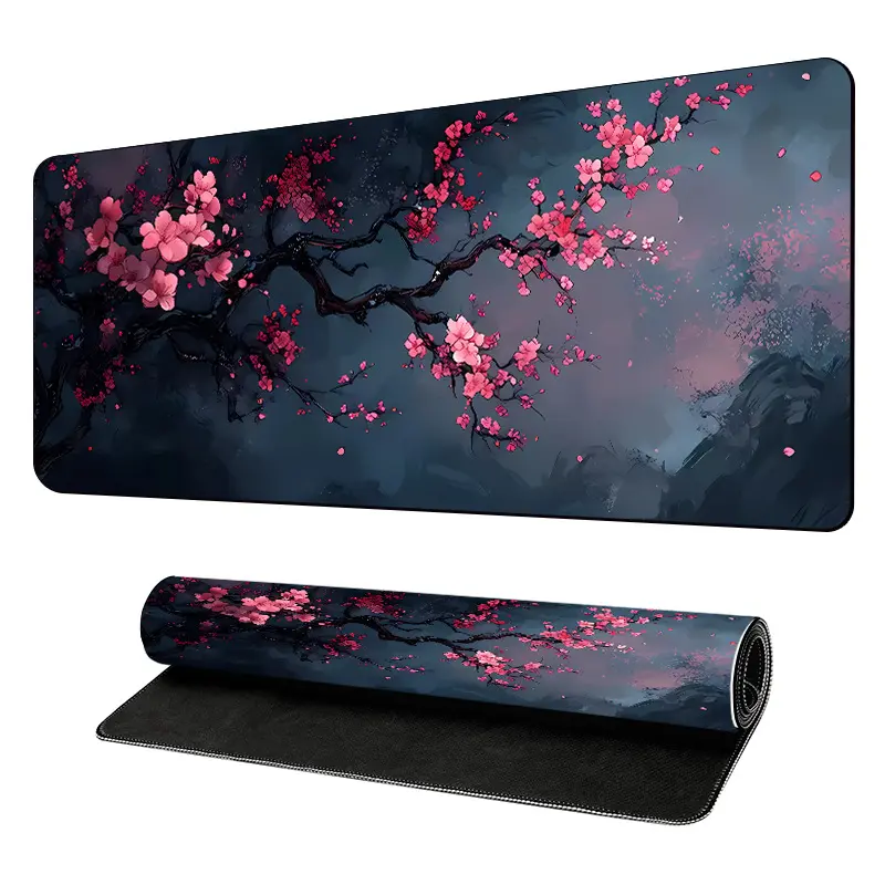 Large Cherry Blossom Extended Gaming Mouse Pad, Dark Floral XL Desk Mat, Non-Slip Rubber Base Stitched Edge Keyboard Mat for Office, Gaming Desk Decor