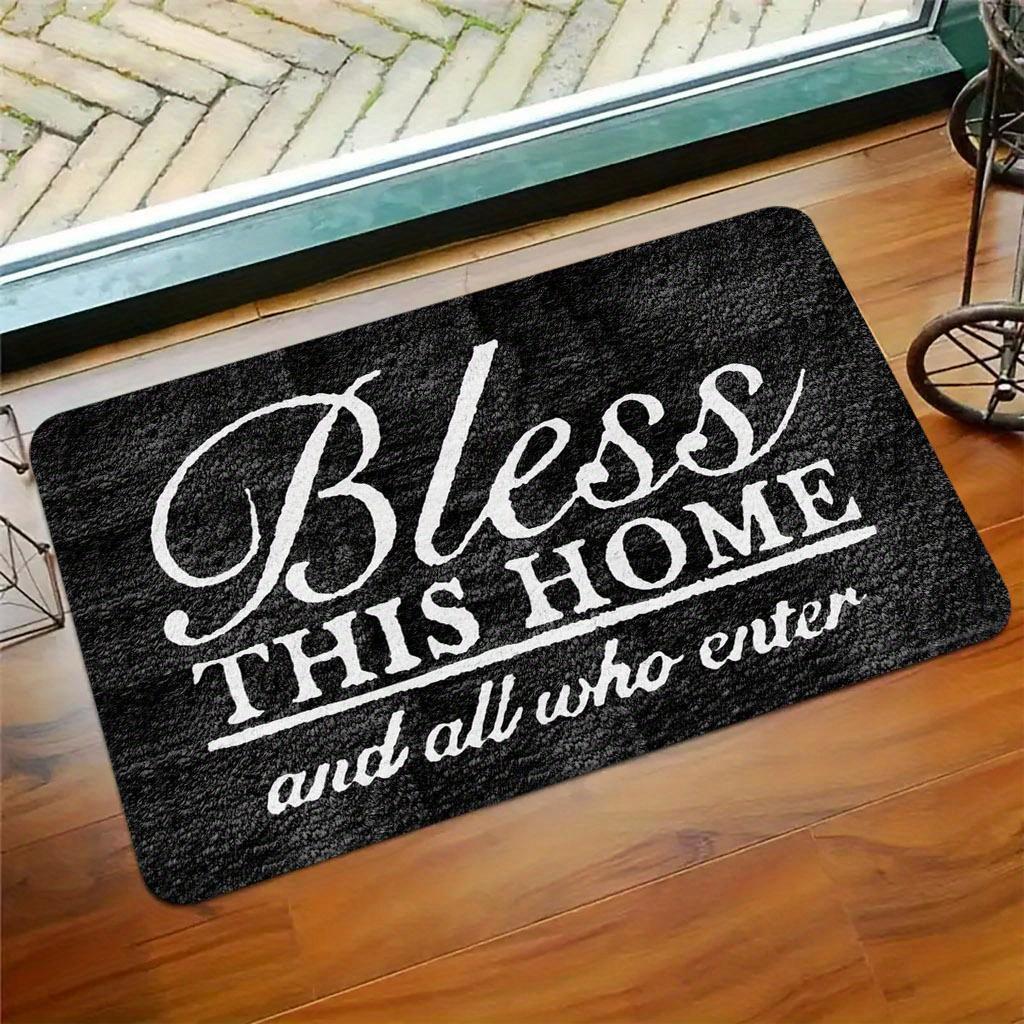 "Bless This Home & All Who Enter" Non-Slip Door Mat - Machine-Washable Indoor/Outdoor Mat with PVC Backing, Black & White Holiday Design for Entryway, Living Room, Bedroom, Kitchen, Entryway Decor, Elegant Script Style, Durable Floor Covering