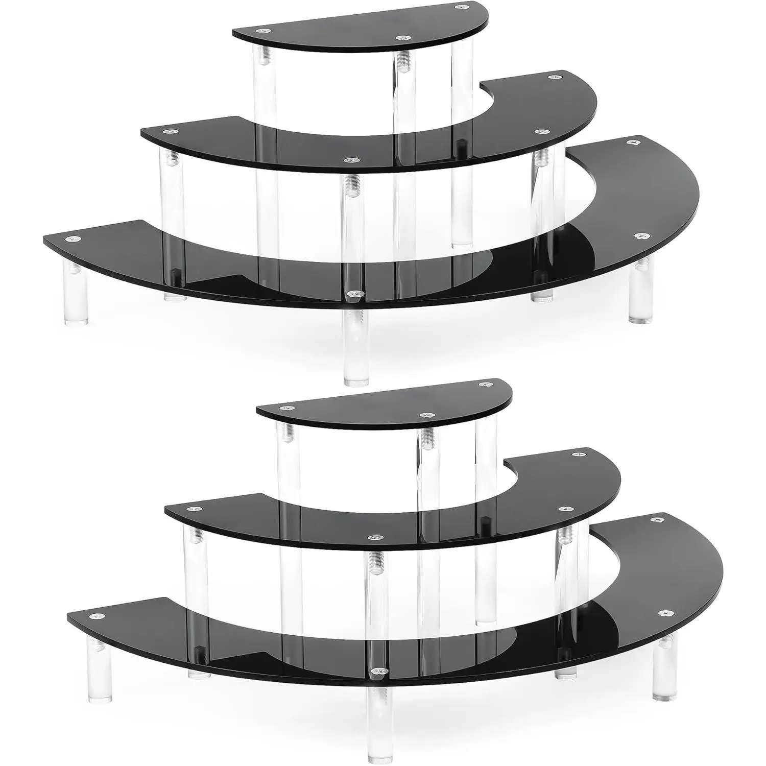 2-Pack Black Acrylic 3-Tier Half Moon Home Organizer Rack, Multi-Use Display Stand Cabinet for Pop Figures, Cupcakes, Perfumes (Festive & Party Cake Decoration Supply)