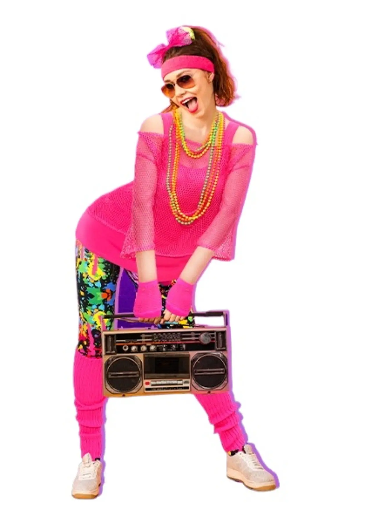 Ladies Dress-up Costumes and Cosplay Costumes 80's Vintage Hippie Disco Cosplay Costume Neon Net T-shirt Pants Necklace Set Ladies Carnival Party Prom Costume Cosplay Accessories