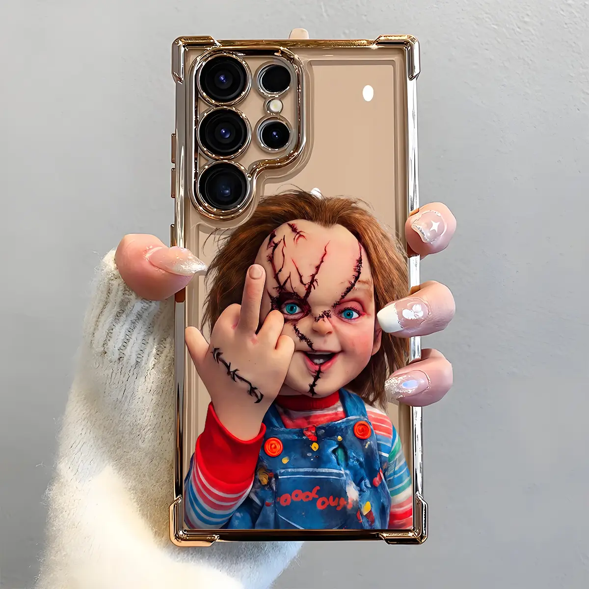 Chucky Creepy Gesture Pattern Smartphone Case - Electroplated, Airbag Shockproof, Slim Soft TPU Cover for Samsung S26 S25 S24 S23 S22 Ultra S25Edge S24FE Plus S25+, Halloween Horror Movie Cellphone Handheld Device Protection, Accessories, Durable