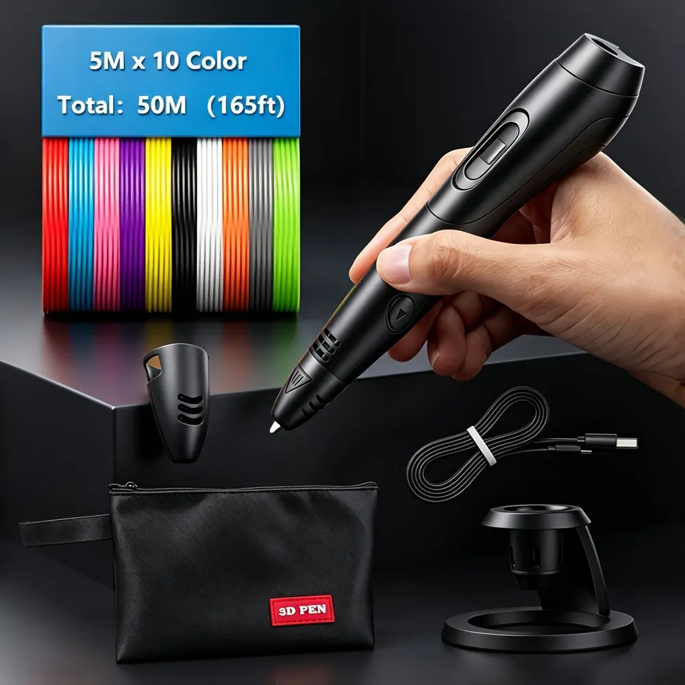3DLNK PLUS 3D printing pen, 6-speed adjustable, temperature can be adjusted as needed, 10 colors of PLA filament, 5 meters each, totaling 50 meters (165 feet), complete set configuration, 8 picture book + tracing board, professional 3D printing pen.