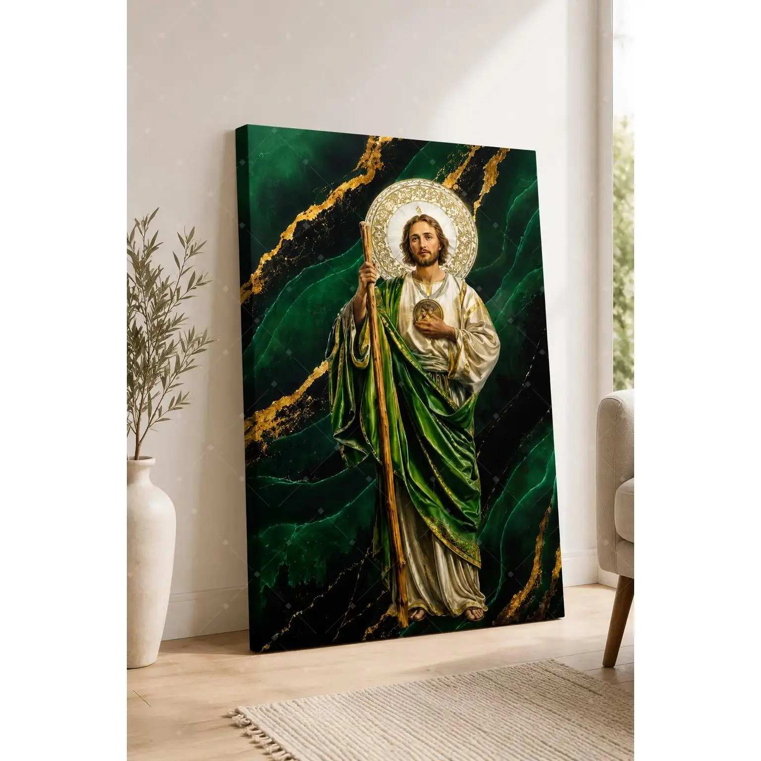 St. Jude Inspired Religious Canvas Wall Art - Green-Gold Christian Saint Poster Print, Faith-Based Home Decoration, 12x18 Inch/20x30 Inch Unframed Poster or Framed Canvas Wrap for Dining Room, Kid Room