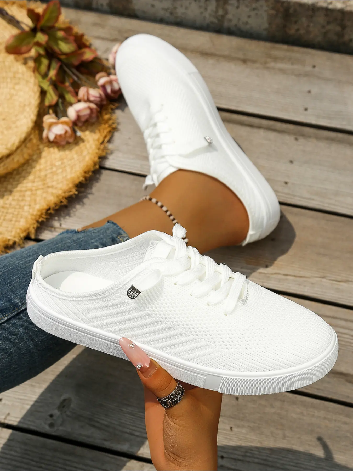 Women's Summer Breathable Knit Mule Sneakers, No-Tie Slip-On Casual White Shoes, Footwear, Shoes Mules