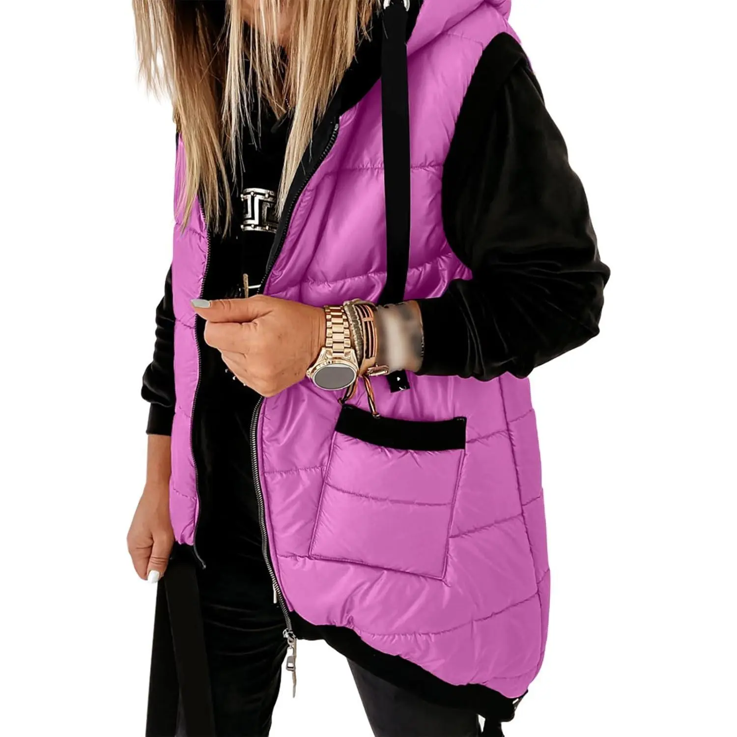 Imily Bela Women's Hooded Outwear Vest Lightweight Zipper Up Padded Gilet With Pockets Basic Fitted