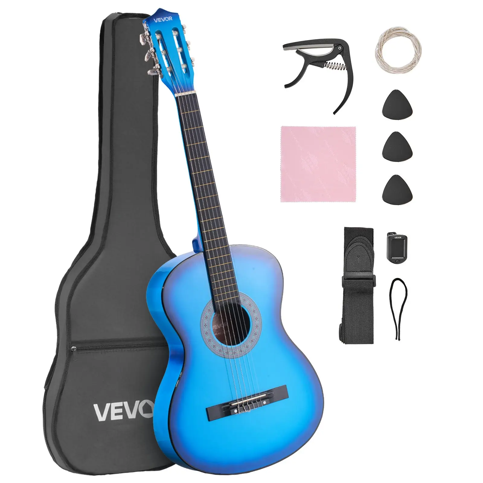 【DealsForYouDays】38-Inch VEVOR Basswood Body Classical Acoustic Guitar Starter Full Kit for Beginners, Nylon Strings, Gig Bag, Strap, Tuner, Extra Strings, Picks, Capo, Blue