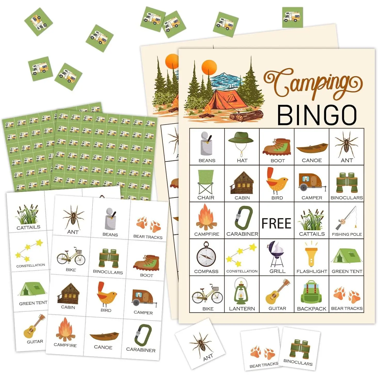 Summer Camping Camping Bingo Game, 24 Players Bingo Game, for Adults Summer Camping Party Bridal Shower Birthday Party, Outdoor Indoor Hiking, Trip Family Holiday Party, Reception Activity Supplies - 010