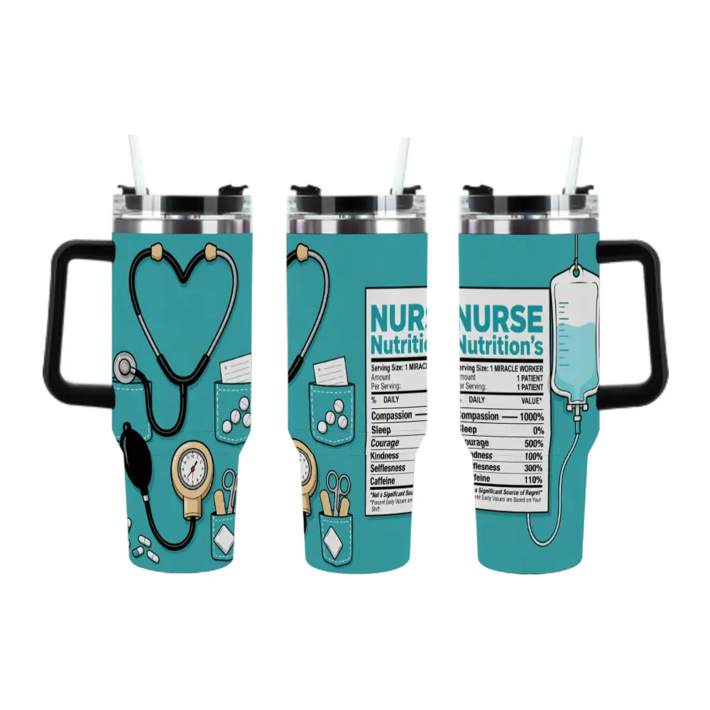 Funny Nurse Nutrition Facts Tumbler with Handle & Straw, Compassion 1000% Sleep 0% Caffeine 110%, Nurse Appreciation Gift for RN LPN CNA, Insulated Travel Mug for Work, Birthday Gift for Nurses