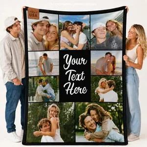 Cute Couple Custom 9-Photo Collage Flannel Blanket, Made in USA Label, Personalized Throw with Your Text, Soft Cozy Warm Bedding for Bed Sofa, Romantic Gift for Boyfriend Girlfriend (Valentine's Day Anniversary Wedding)
