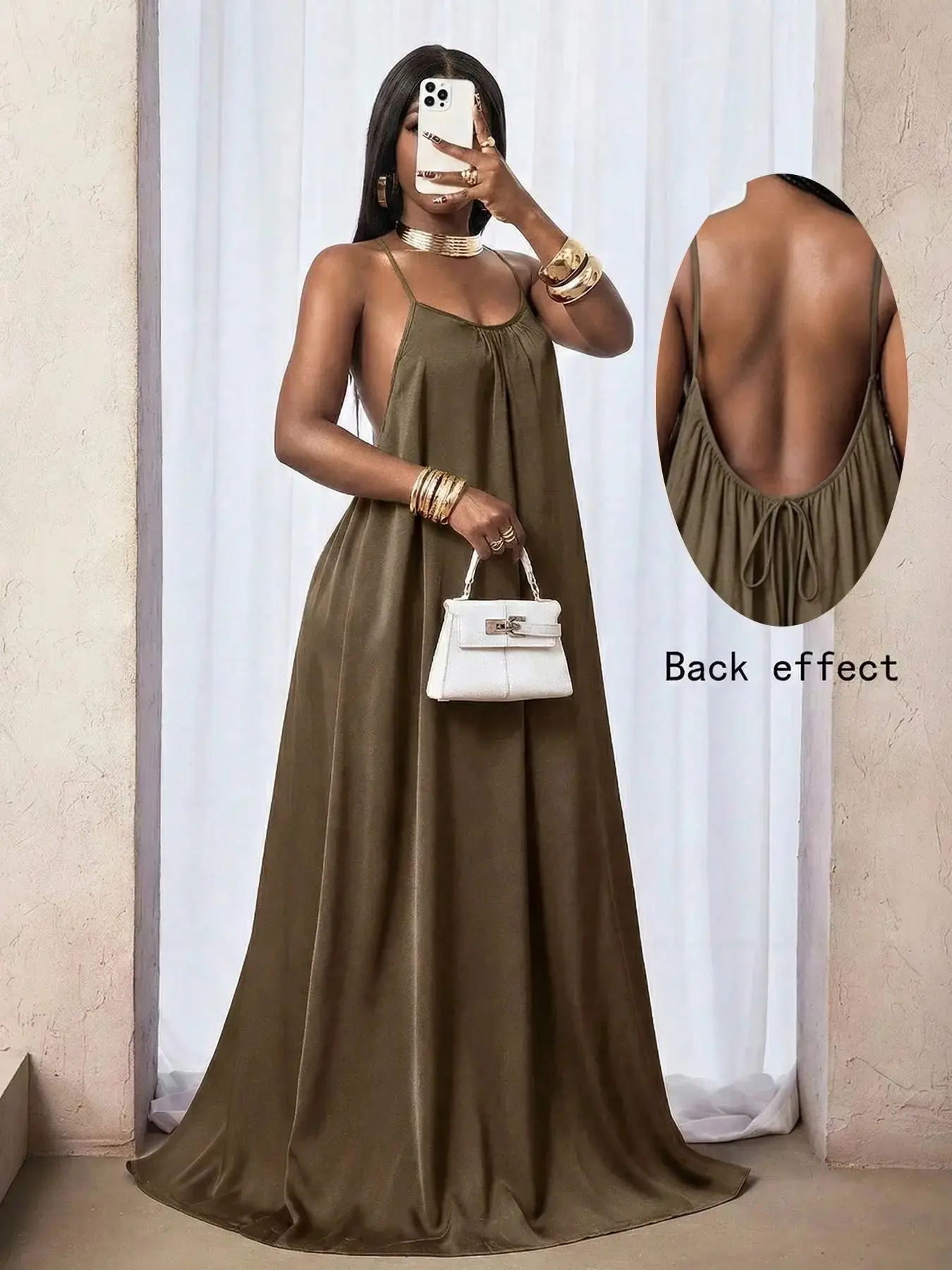 Women's Plain Ruched Pleated Backless Dress, Long Bohemian Style Fitted Sleeveless Party Gown for Spring & Fall, Elegant Casual Design, Perfect for Everyday Wear