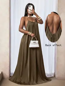 Women's Plain Ruched Pleated Backless Dress, Long Boho Bohemian Style Fitted Sleeveless Party Gown, Elegant Casual Everyday Wear, Spring & Fall