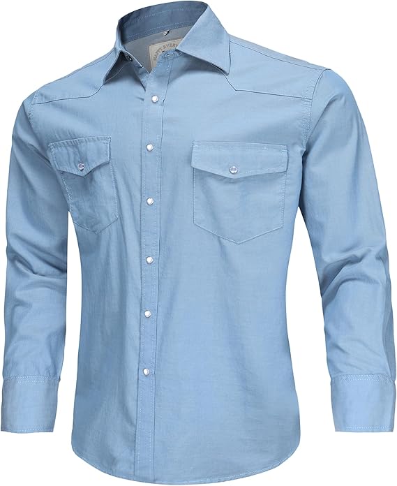 COEVALS CLUB Men's Denim Western Cowboy Pearl Snap Casual Button Down Up Long Sleeve Soild Work Shirt