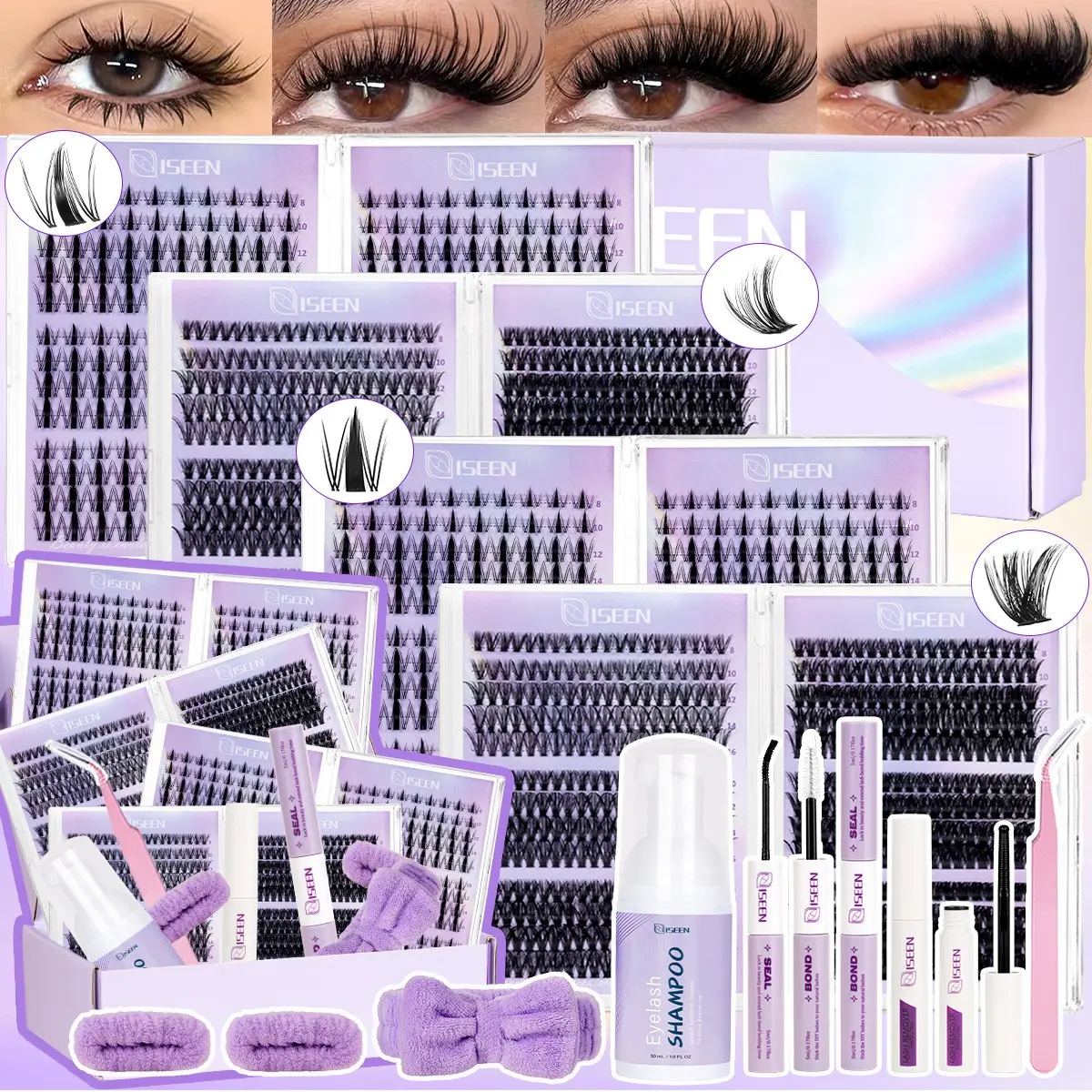 Lash Clusters Kit Mixed 8-16mm D Curl, Natural & Fluffy Volume Individual Lashes,Lash Clusters Kit with Long-lasting Lash Bond ,Seal  ,Remove,Tweezers，Eyelash Mousse and Hairband. DIY Eyelash Extensions Easy to Apply for Beginners, Perfect Gift for Women