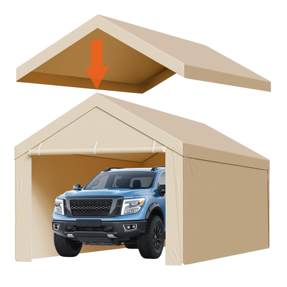 10 x 20 ft Carport Replacement Canopy Heavy Duty Waterproof UV-Resistant Portable Garage Tent Top Tarp with Sidewalls & Ball Bungees Beige Outdoor Vehicle Shelter Cover for Car Truck Patio Backyard Storage Sun Shade All Weather Protection Frame Not Includ