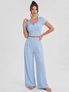 Katch Me Women's Leisure Solid Color Partial Button Short Sleeve Top & Ruched Wide Leg Trousers Co-ord, Lightweight Skin-Friendly Two-Piece Outfits, Drapable Daily Wear