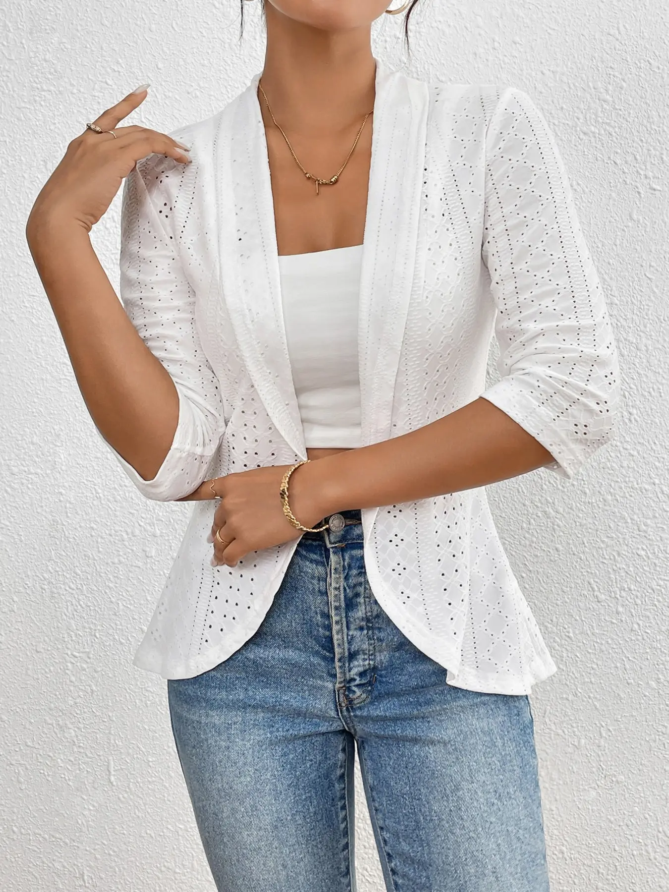 Versatile Hollow Out Cardigan Knitwear, Three-Quarter Sleeve Lightweight Breathable Top, Perfect for Air Conditioning Rooms and Outdoor Activities, Elegance