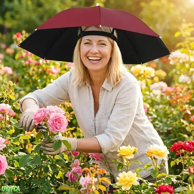 Foldable Hands Free Head Umbrella Hat For Adults, 8-Rib Windproof Black Coating Headwear Umbrella, Lightweight Portable Waterproof UV Protection Sun Rain Hat,Elastic Strap Outdoor Accessory For Fishing Gardening Cycling Hiking Photography Yard Work summer