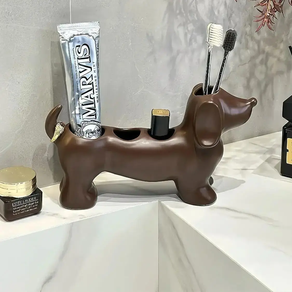 Cute Sausage Dog PLA 3D Printed Toothbrush Holder Stand, Creative Bathroom Countertop Organizer For Toothbrushes And Toothpaste, Stylish Household Vanity Storage Accessory