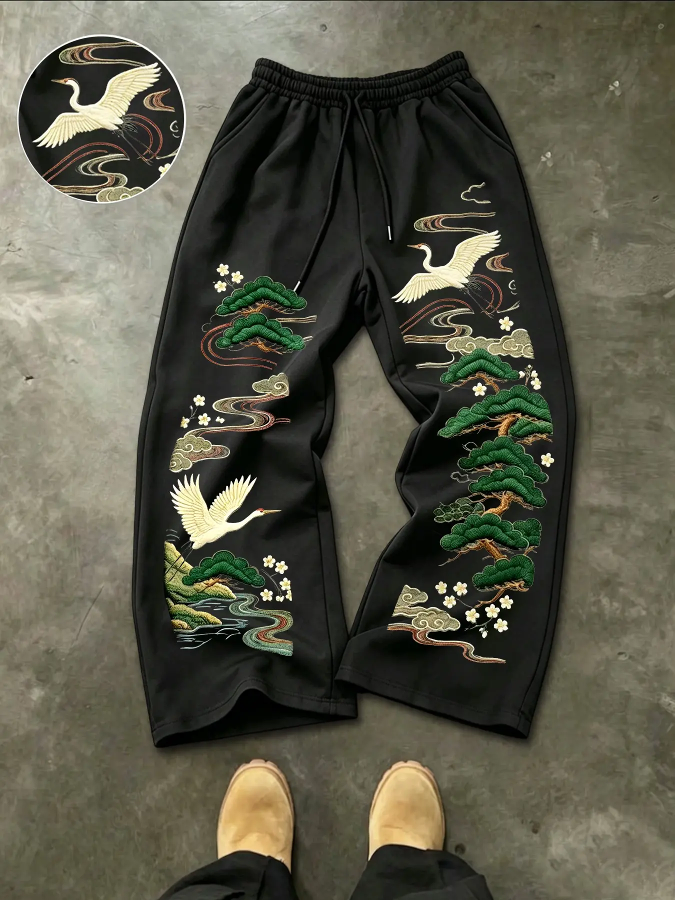 Men's Street Style Floral Print Loose-Fitting Baggy Oversized Casual Relaxed Fit Trousers, Streetwear Clothing New Chinese Fashion Wide-Leg Drawstring Pants, Comfortable Casual Long Jeans