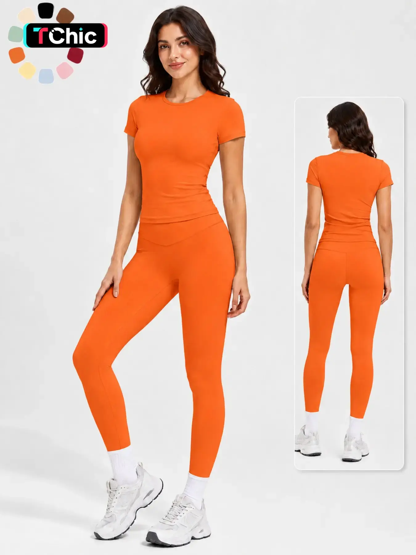 Women's 2-Piece Athletic Workout Set, Short-Sleeve Round-Neck Slim-Fit Crop Tee & High-Rise V-Front Yoga Leggings, Casual Running Gym Activewear Yoga Sportswear Set for Daily Wear