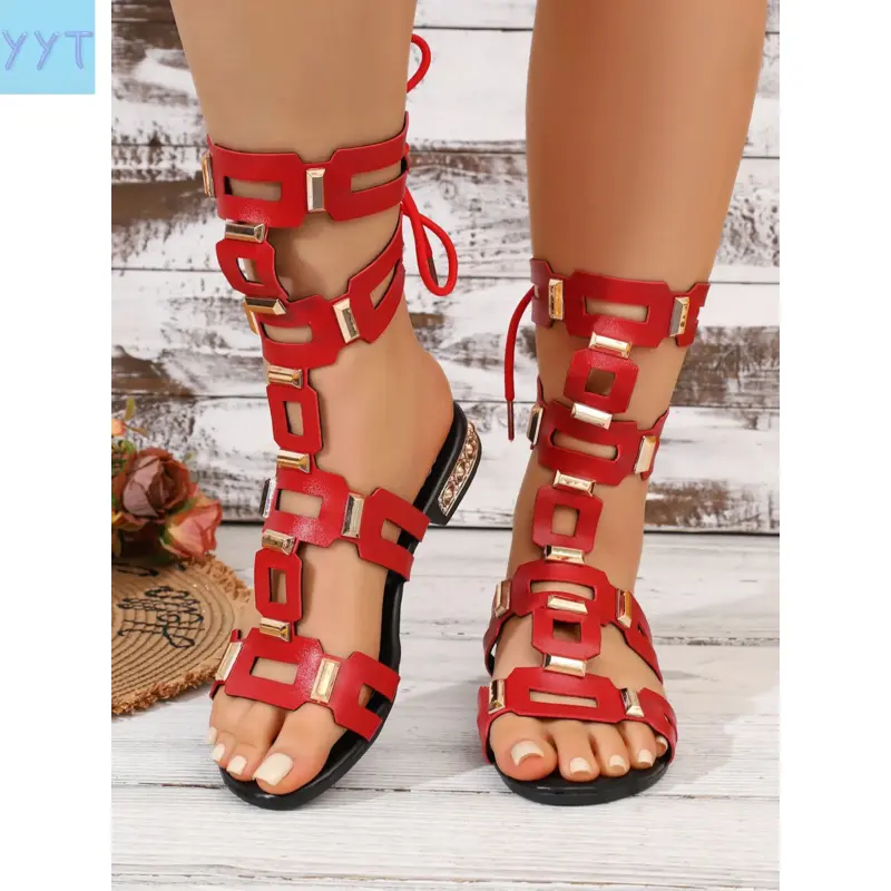 Women's YYT1 2026 Vintage Casual-Heel Roman Sandals - Open-Toe, Hollow-Out Metal Look, Low-Heel Strap, Breathable Female Shoes for Casual Walk (Sports & Outdoor Use), Heels