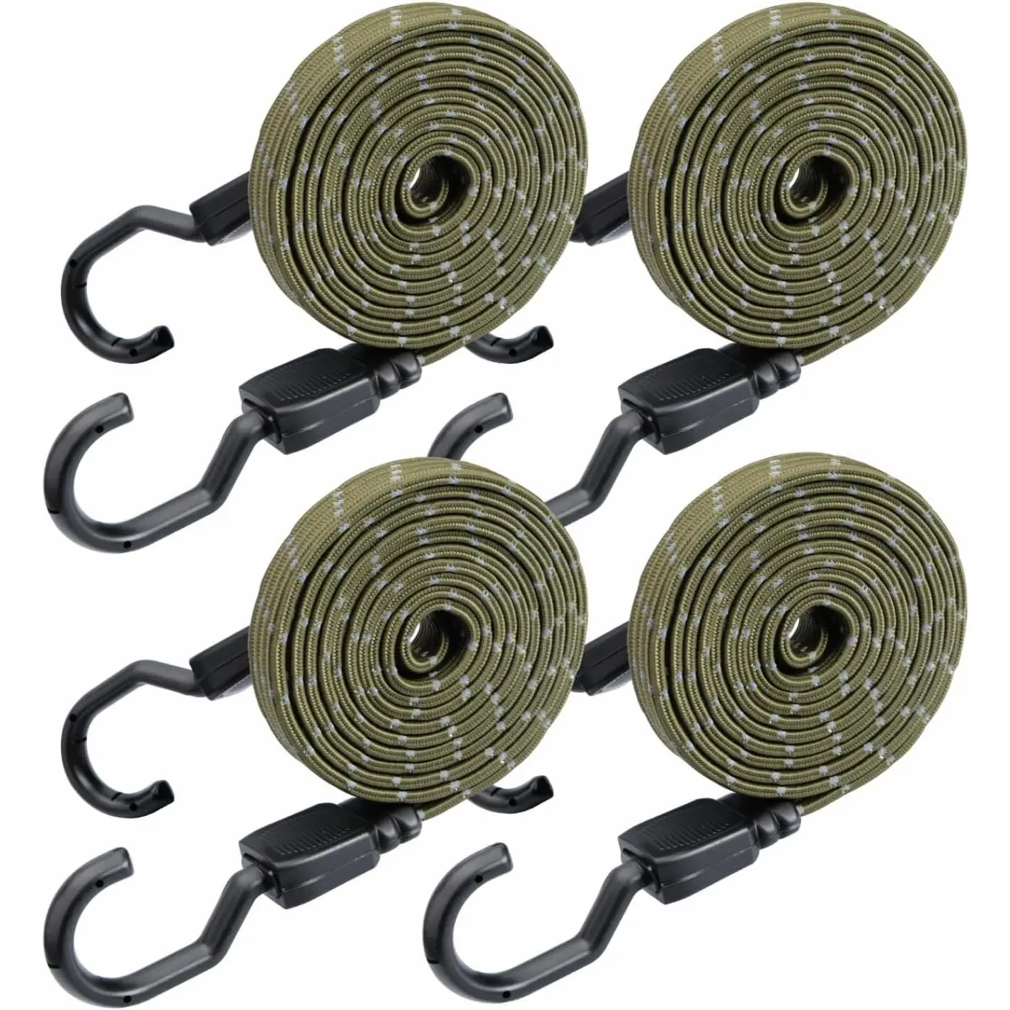 4-Count Synthetic Adjustable Bungee Cords with Plastic Hooks, 77-In Heavy-Duty Flat Tarp Straps, Abrasion-Resistant Elastic for Securing Luggage, Moving, Camping Outdoor Use, Reflective Army Green