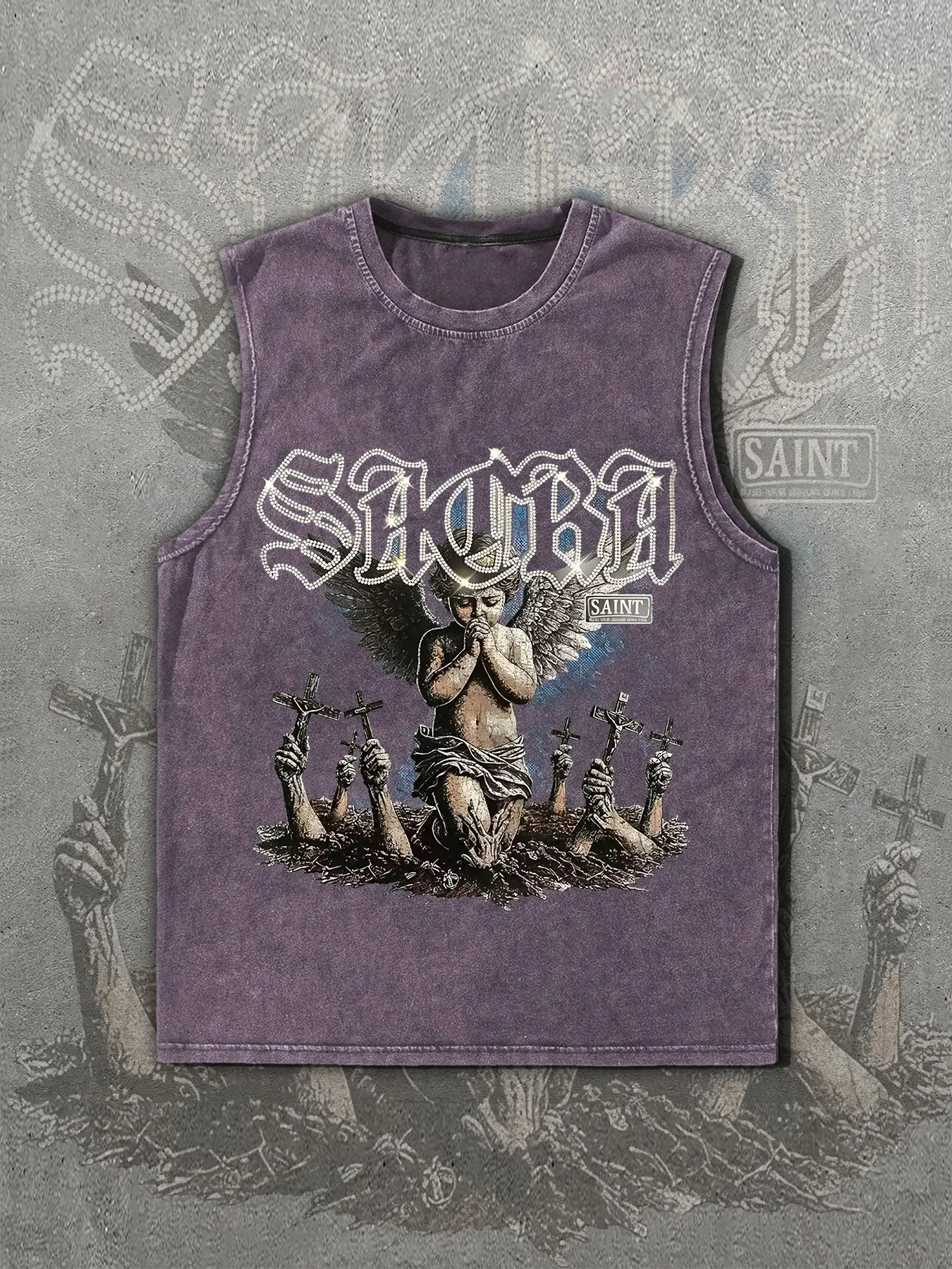 American Vintage Angel Cross Print Sleeveless Vest, 100% Cotton, Loose Fit, Unisex, Street Style, Casual Wear, Multiple Colors Available
