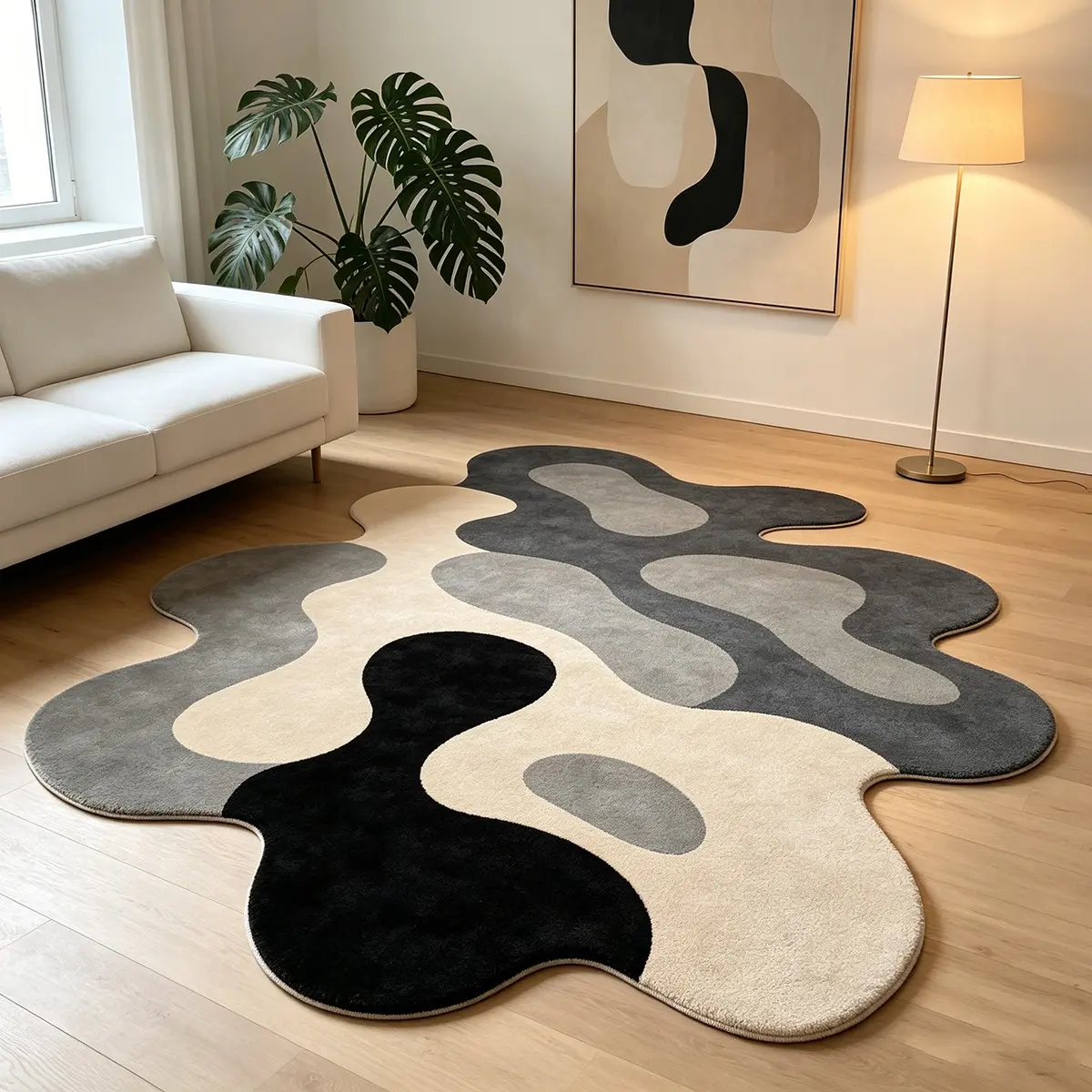 Morandi Black White Gray Irregular Wave Shaped Rug Short Pile Wear Resistant Area Rug Washable Modern Minimalist Home Decor Rug For Living Room Dining Room And Bay Window Rug Machine Washable Rug Home Decorative Rug