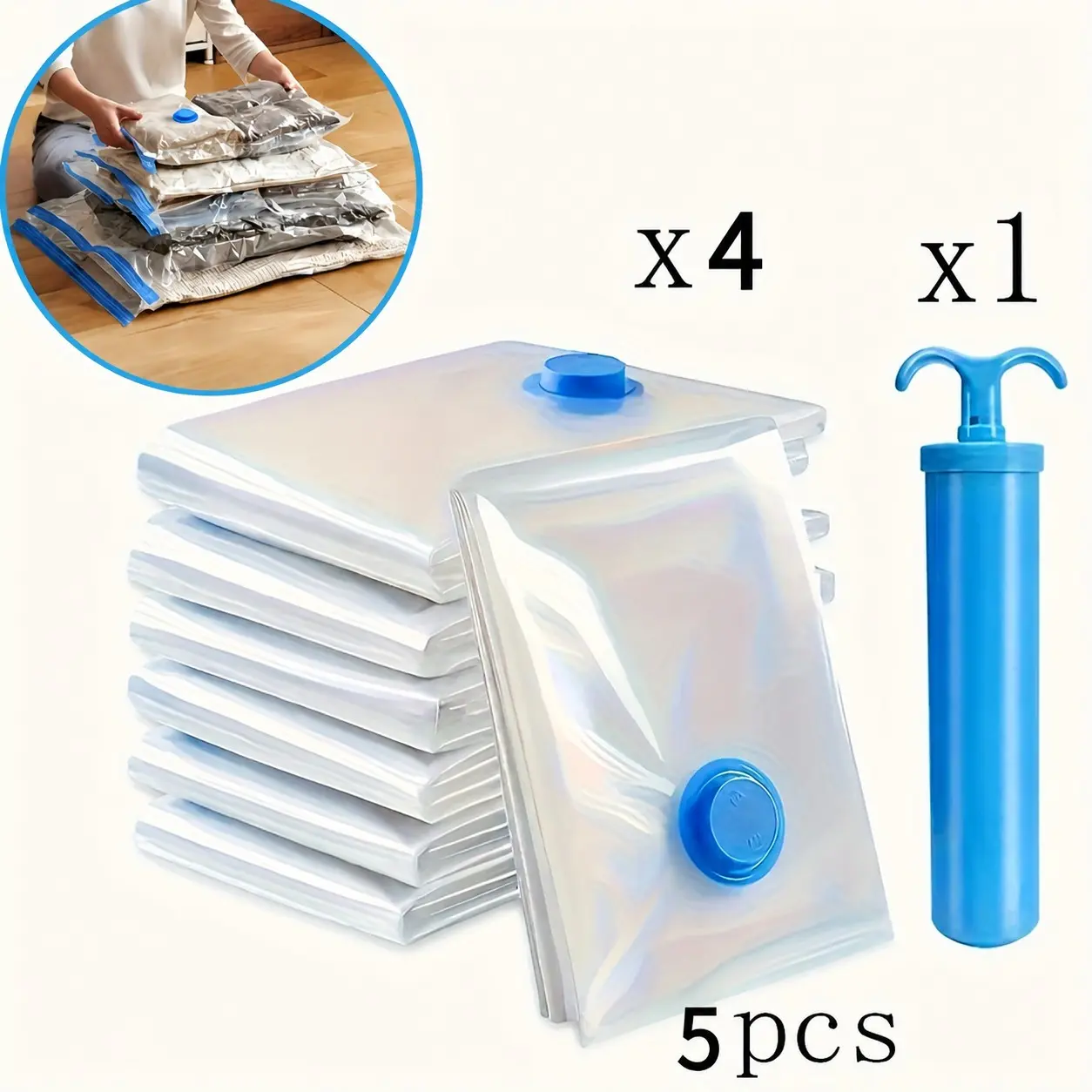 Five-Pack Large Vacuum Storage Bags, Multiple Sizes, Sealed Compression Dust-Proof, Space-Saving, Ideal for Clothes, Bedding, Dorms, Moving