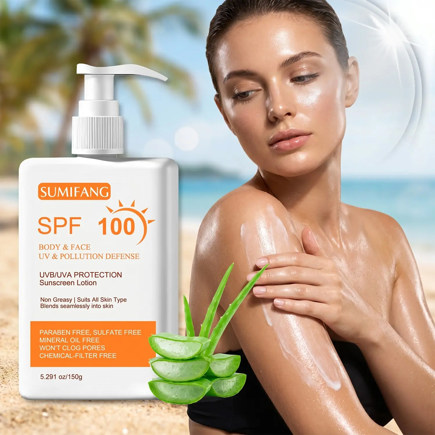 SUMIFANG SPF 100 Body & Face Sunscreen (150g) – Zinc Oxide + Aloe Vera + Glycerin – Full-body UV protection, water-resistant formula, fast-absorbing, Lightweight & non-greasy, chemical-filter-free, suitable for all skin types.
